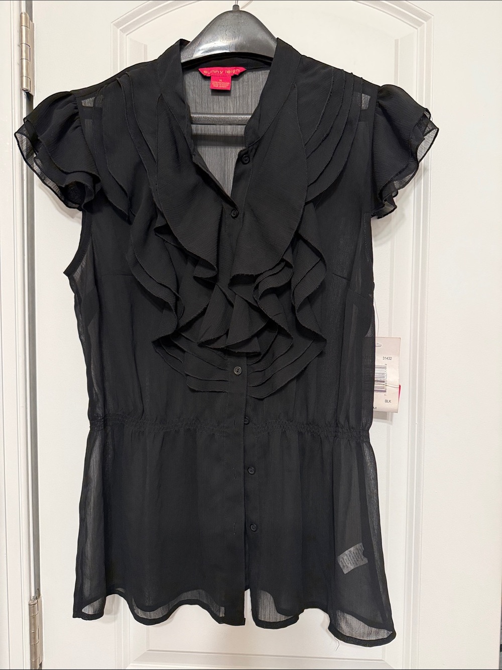 Sunny Leigh Black Sheer Ruffle Front Blouse